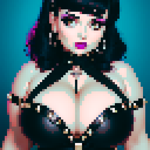curvy, busty goth babe with studded collar. Full head portrait. big titty goth, in a close up glamour shot. Wearing Halter top. Vivid gif colors