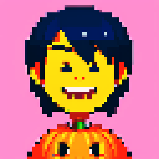 cartoon pumpkin faces with expressive eyes and quirky grins, rendered in vibrant pixel art with a rich sRGB color palette