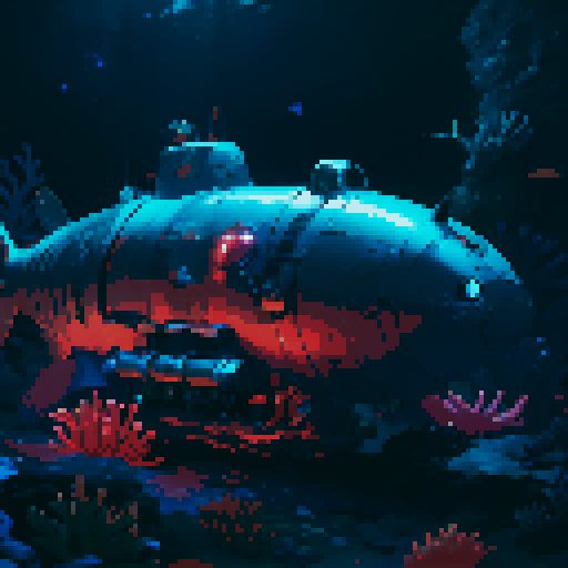 submarine, underwater, colorful, vibrant, retro, 8-bit, pixelated, deep sea, coral reefs, marine life, illuminated, glowing, exploration, portholes, periscope, propellers, mechanical, rivets, vintage, nostalgic