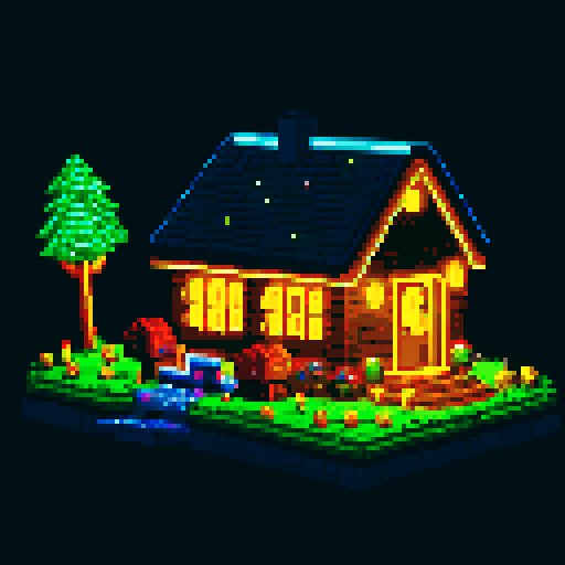 house with lights on near forest, night