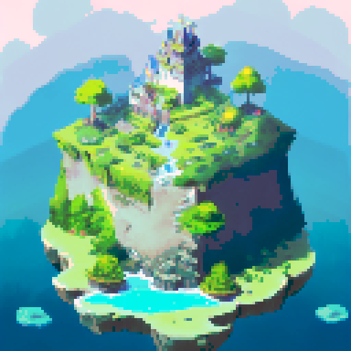 Floating castle with cascading waterfalls, surrounded by fluffy white clouds, perched on a mountain peak overlooking a vast, lush green landscape, depicted in a portrait style.