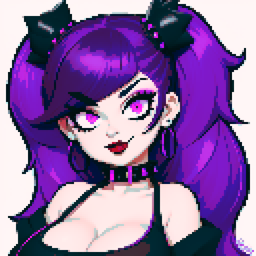 curvy, cute busty goth woman's face, whole head portrait, black hair, purple eyeshadow, red lipstick, low cut black halter top, studded collar, vibrant sRGB colors, edgy aesthetic. Mischievous look.