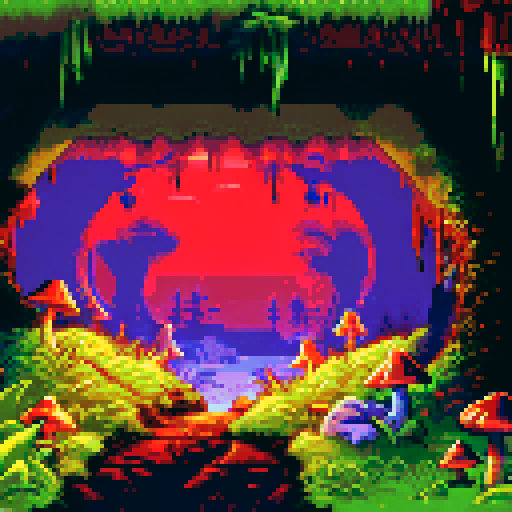 Dark, eerie cave entrance with glowing, mushrooms lining the walls, casting an otherworldly light onto the rugged, moss-covered ground, creating a mysterious and enchanting pixel art background
