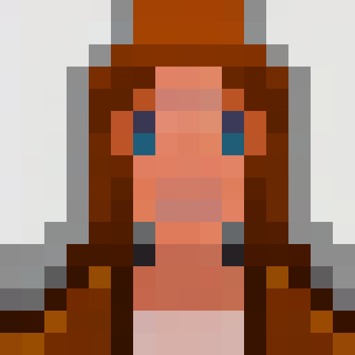 Pixelated crypto enthusiast female face,  in a tightly framed 16x16 close-up portrait.