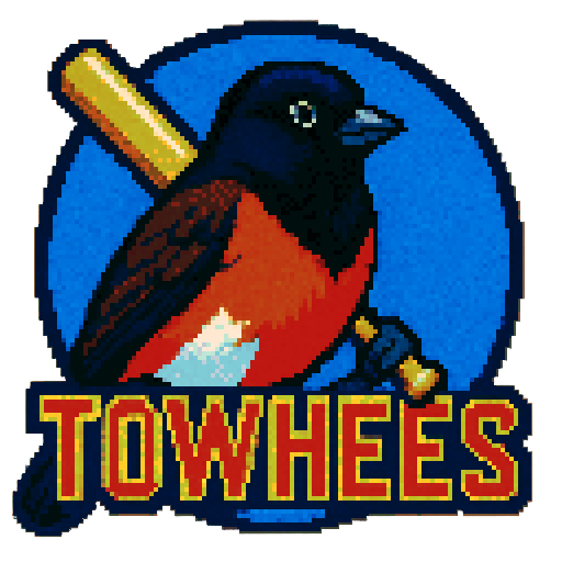 Pixel art of a fictional baseball team called the Towhees. Bold colors, sharp outlines, and soft pixel shading. The logo design mimics 80s MLB logos. Use a vibrant Sega Genesis 16-bit style with selective dithering, geometric forms, and nostalgic retro charm. Avoid modern gradients—keep it pure pixel art.