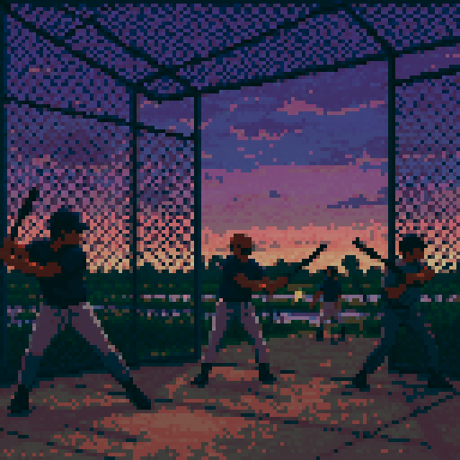 Pixel art of a group of players taking swings in a batting cage with chain-link fencing and concrete. The field beyond is the Florida swamps that are just near spring training. Show players of different builds and stances to hint at diversity of talent. Cool dusk lighting—purples and dusty blues in the sky. Subtle motion blur on the bat or ball for energy.