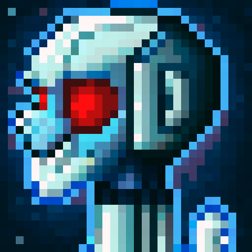 Blue and silver humanoid robot with a red visor, its skeletal form emphasized through skillful 32x32 pixel art in a close-up portrait style reminiscent of a game icon.