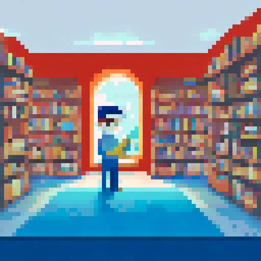 Bookstore, cozy, with shelves overflowing with books, a friendly, bespectacled shop owner, surrounded by vibrant, pixelated book covers, creating a charming, sRGB, 2d pixel art scene