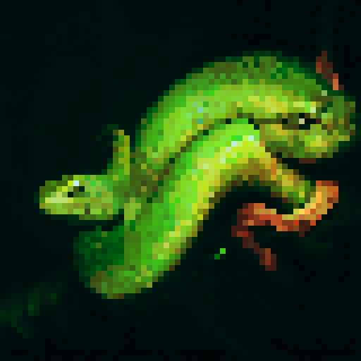 Green pit viper snake, night time, dark background