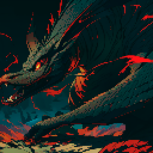 red dragon, fiery scales, sharp claws, fierce expression, towering presence, detailed pixel art, vibrant colors, textured scales, intricate patterns, glowing eyes, majestic wings, powerful tail, smoke billowing from nostrils