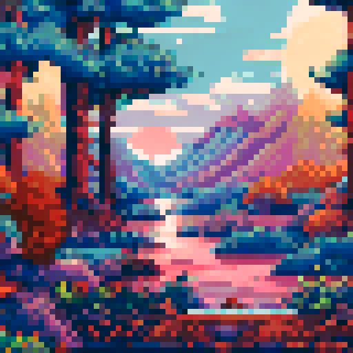 misty mountains with a bright pink sunrise, reflected in a serene lake surrounded by tall pine trees and a cozy cabin in the middle of the forest