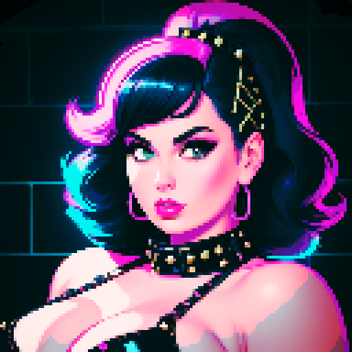 curvy, busty 1980s rocker babe with studded collar. Portrait of head, in a close up glamour shot. Wearing Halter top. Neon lighting, modern tile backsplash
