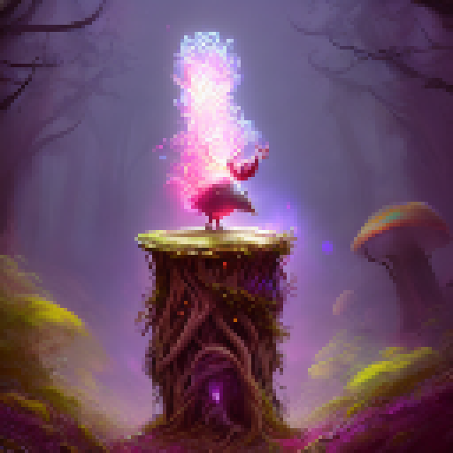 A mystical druid, surrounded by glowing mushrooms and a wispy fog, stands atop a tree stump in a dense forest, communing with a majestic deer spirit.