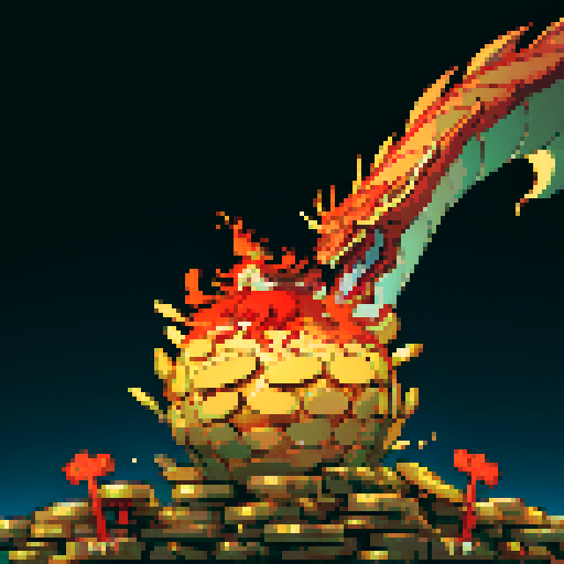 fire dragon with shimmering red scales, hoard of gold coins glimmering in the background, dragon leisurely lounging on top of a massive pile of gold coins, dragon's majestic form taking up the full canvas with intricate pixel art details in a vibrant sRGB color palette