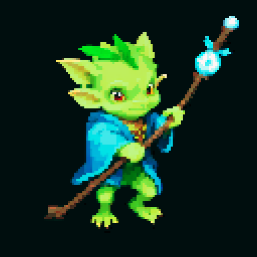 A nature-connected goblin with leafy robes, a wooden staff, and an aura of natural magic. It has wise eyes and a calm expression, with nature spirits swirling around it. No background.
