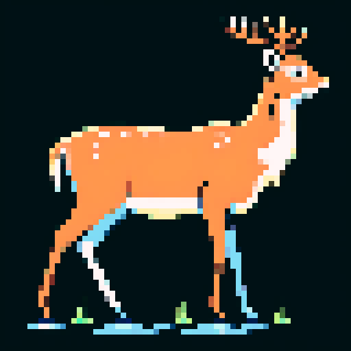 Full body image of deer drinking from a pond
