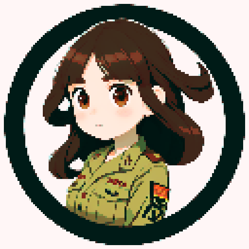 young girl, large round eyes, brown hair, brown eyes, wearing combat army uniform, a full-body standing pose, clean and detailed, game icon, centered composition, beautiful girl, long flowing hair, detailed eyes, slim figure, soft smile, round face, like Japanese anime