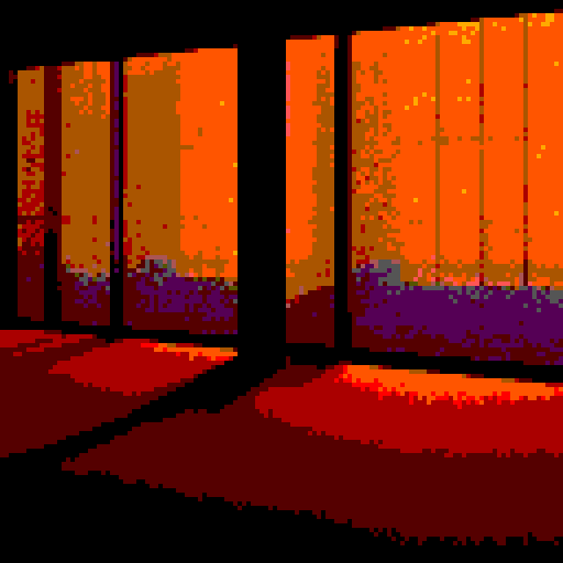 empty office space viewed from inside, large open windows letting in faint orange sunlight, dim flourescent light fixtures, long dark shadows, somber mood, wide angle lens