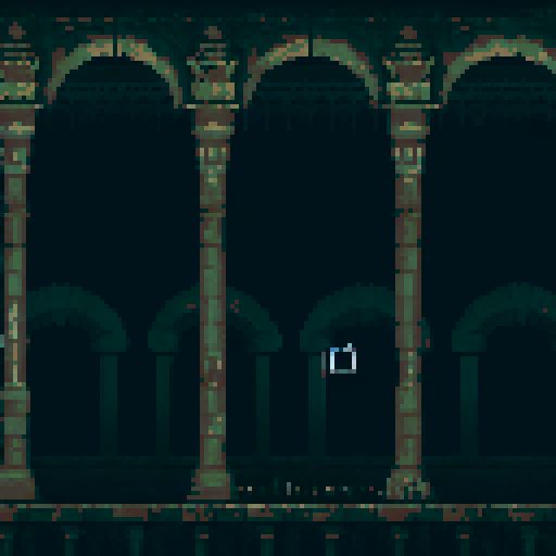 lovecraftian temple, eerie atmosphere, towering spires, twisted architecture, eldritch symbols, otherworldly glow, ominous shadows, ethereal mist, ancient runes, illumination torches, Egyptian statues, haunting colors, high level details, sRGB, pixel art, background, landscape