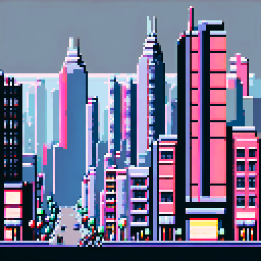 Cityscape, towering skyscrapers, bustling streets, retro video game vibes, blocky pixelated buildings, grey palette, 8-bit art style,ARNE32 palette, little details
