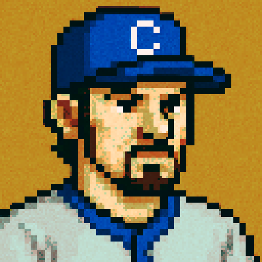 Can you make an profile picture of a baseball player? Pixel perfect pixel art. The level of detail should be similar to that of Sonic of the Hedgehog. Use dithering and anti-aliasing when needed. Make the player like the health UI character from Wolfenstein 3d. Give him a neutral expression. His jersey should be gray with blue accents. His had should be blue with white accents.  Can he have sideburns and a goatee?