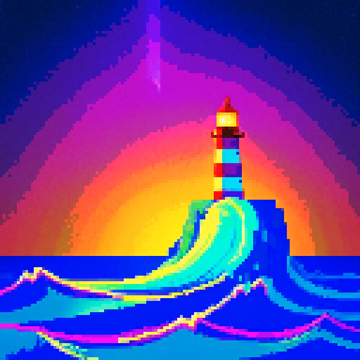 lighthouse, sea, aurora, vibrant colors, glowing, pixelated waves, shimmering reflections, retro aesthetic, sRGB