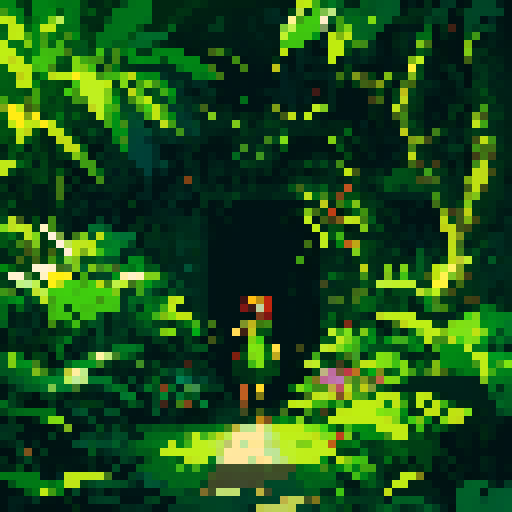 jungle with lush foliage, vibrant colors, hanging vines, dense shadows, pixelated details, sRGB color palette