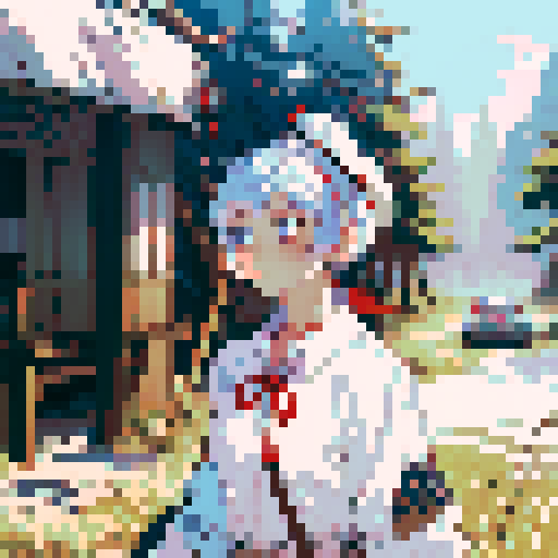 A girl, blue eyes, short hair, white shirt, beige hat, red neck ribbon, holding an incense stick, night time background, in the forest