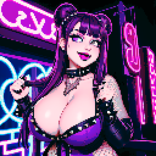 Thicc, curvy, seductive busty goth babe with studded collar, long purple hair in buns, fishnet stockings. Elated aroused nude big titty goth in a close-up nude sexy pose, neon signage. sRGB