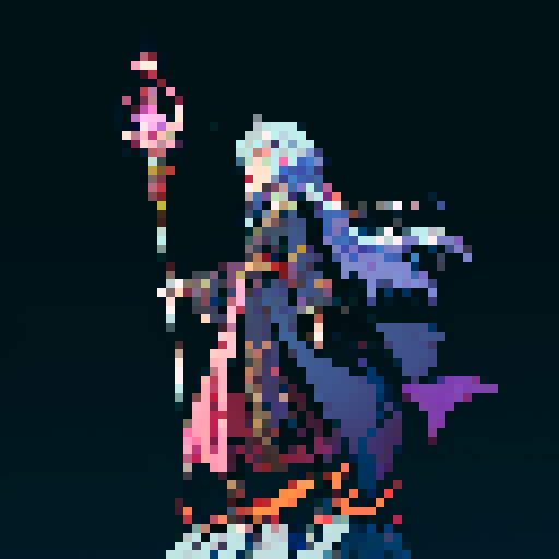 legendary anime girl wizard, floating above the ground, long flowing hair, dark and emo colors, glowing magical staff, intricate and ornate robes, intense and focused expression looking to the right, not wearing shoes, sparkling and shimmering background, sRGB