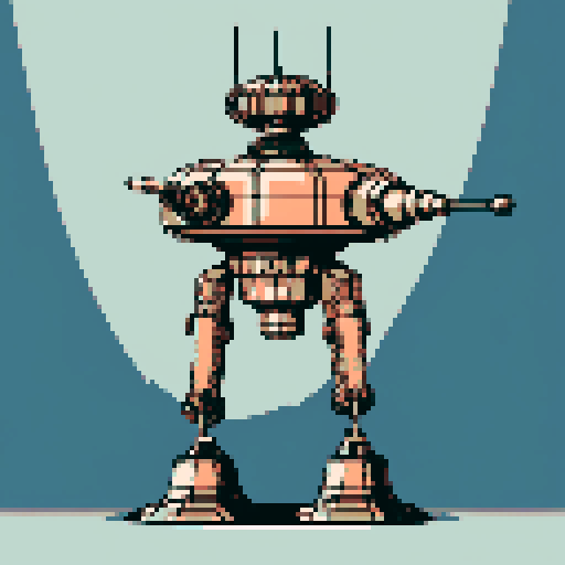 I want a tall vertical copper structure reminiscent of an autoturret. The design should be relatively simple. I want the base of the turret and its gun to not touch pixels within the image. It should have strange mechanical details that could interlock with each other. I also want this object usable as an asset in a videogame, meaning only one object per image, outlined with a strong black stroke, on a solid-color background.