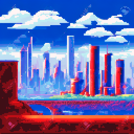 A city from the side, with a skyline, retro game