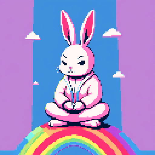 A white rabbit meditating on a rainbow background.
