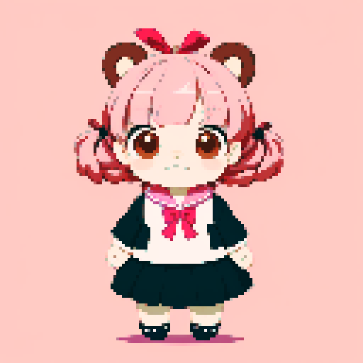 This image features a stylized bear inspired by ghibli, in a chibi art style. The bear has, expressive black eyes and a cute, youthful appearance. The hair is styled in long twin pigtails, accented with pink and gold ribbons, matching the color theme of the outfit, which includes a sailor-style collar and a pink bow. The background is interesting magic landscape, enhancing the character's playful and magical theme. This is a typical example of how popular anime characters