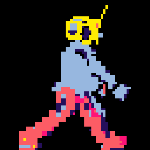 cyberpunk space trader sprite, pixel art, futuristic design, cybernetic arm with intricate detailing, glowing yellow-orange visor over the eyes, trench coat with glowing lines, white, blue and teal color palette with neon pink accent, yellow visor tint, distinct sci-fi aesthetic, confident posture, mid-step left first, left left bent and raised, arms extended, pixel art, sRGB
