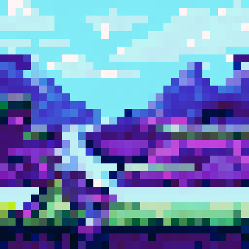 A simple 8-bit waterfall on an island in Scotland in black and white similar in style to Undertale. 