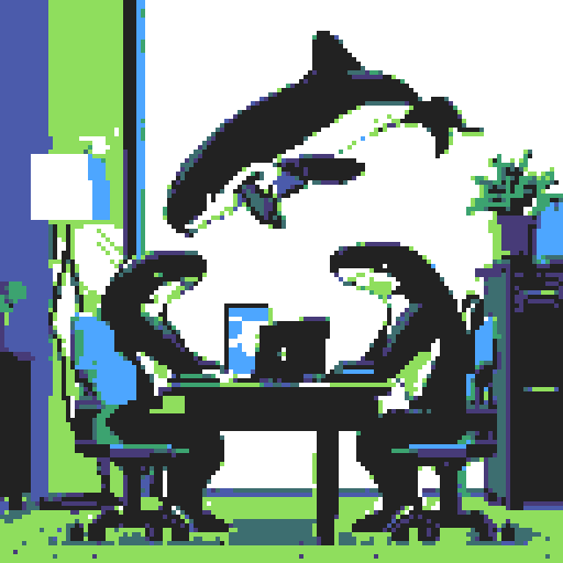 killer whales with sleek black and white bodies, working diligently at a desk adorned with vibrant pixel art, their laptops emitting a mesmerizing display of sRGB colors