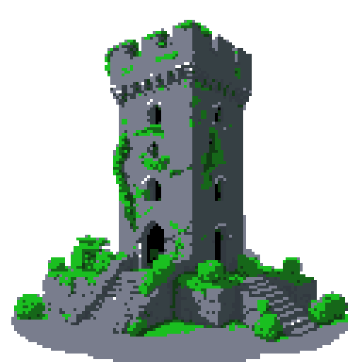 2d grey stone tower in an ancient english style. Old and crumbling but still upright. Green vines crisscross it. Usable as an asset (clear, thick lines and a white background). Put a black stroke around the composition