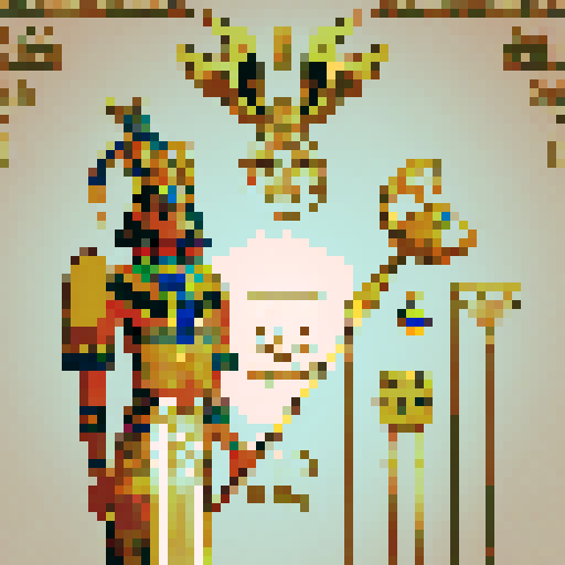 Mysterious Egyptian god Plutus, golden headdress, glowing eyes, hieroglyphic background, intricate jewel-encrusted staff, sacred scarab beetle, vibrant colors, pixel art, sRGB