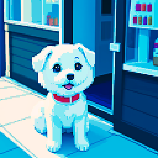 Wide-eyed white dog in a small convenience store