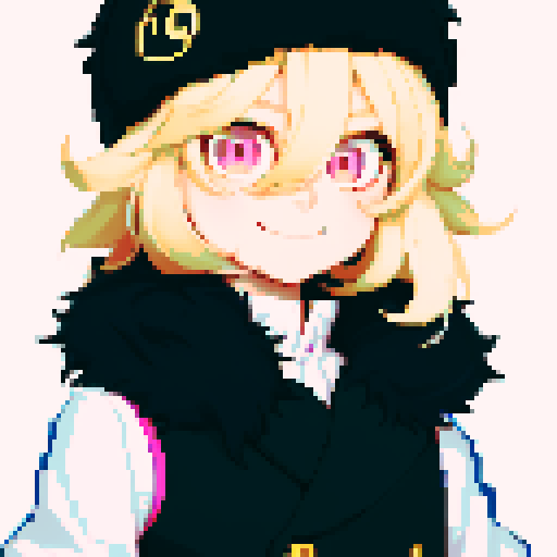 Solo male with perfect anatomy, straight-on, inframe, facing viewer, with round pupils, light blonde hair between eyes, wearing an ushanka hat with a black fur collar, a black vest, puffy sleeves, and black elbow gloves, his round eyes and pink eyes looking at the viewer, smile, in a pixel art style with sRGB colors, half closed eyes, best quality