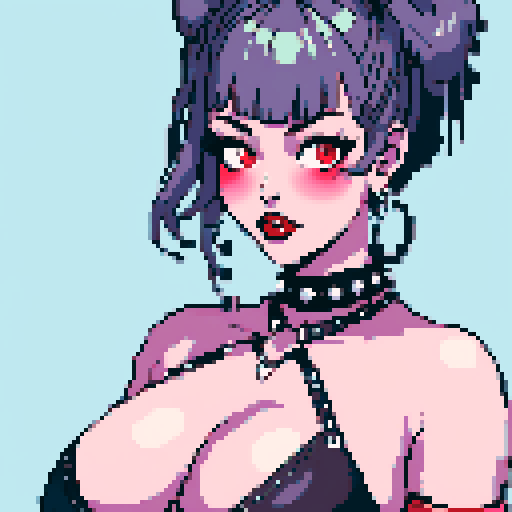 busty thicc goth babe, studded collar, red lipstick, goth makeup, buns, large breasts, low-cut black studded halter top, posing for pixel art portrait, sRGB style