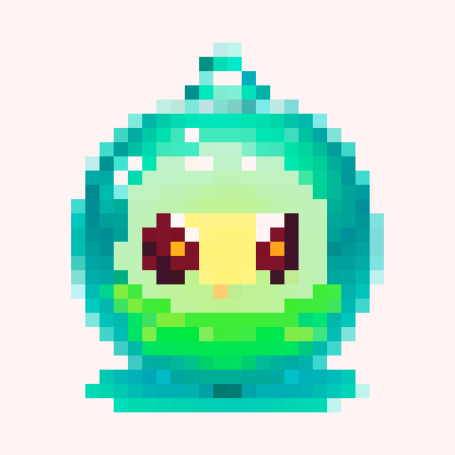 A simple amorphous blob with a glossy, semi-transparent green body. It has big, round eyes and a goofy smile, with small bubbles inside its jelly-like structure.
