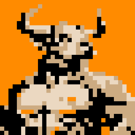 A pixel art portrait of a bull with a neutral expression, featuring a minimalist design with light skin tone, solid colors, Set against a solid orange background. The style is reminiscent of early video game characters, with a square aspect ratio.