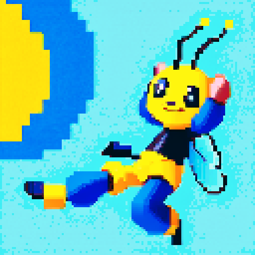 antropomorphic smiling bee, blue pants