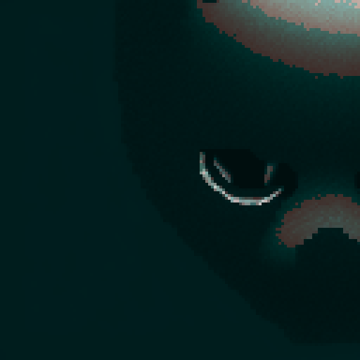Pixel art depiction of a bloody, partially exposed skull of a dead black cat in a closeup shot of its face.