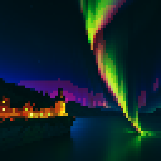 beautiful dramatic aurora borealis over an adorable town at night
