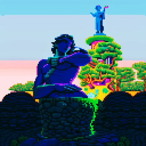 statue bathed in moonlight, vibrant colors illuminating, glowing pixels surrounding, mystical aura emanating, sharp edges defining, surreal atmosphere enveloping, neon shades contrasting, digital brushstrokes capturing the pixel art, sRGB style