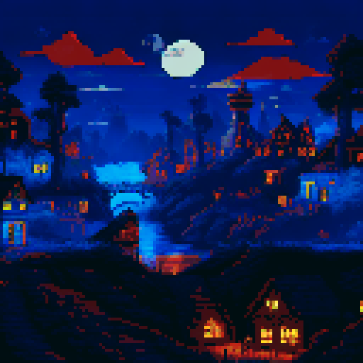 a pirate city by night, in pixel art. Blue ambient, orange lights from windows. houses made of wood.