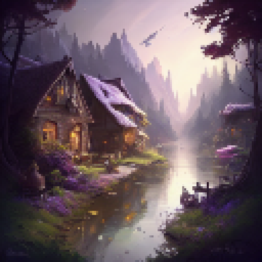 Rustic and whimsical 

        "A charming village nestled amidst lush greenery, with quaint cottages perched alongside a winding stream and towering trees providing shade and shelter."